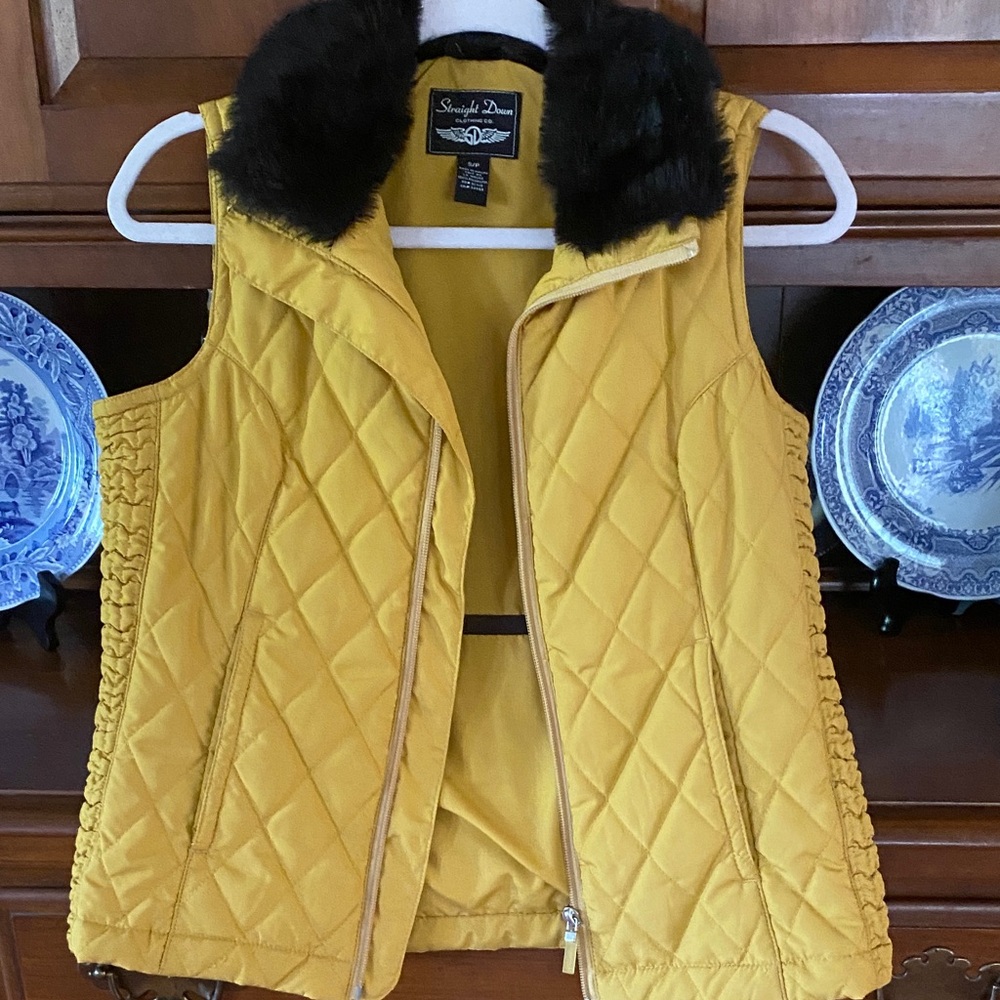 Simply D Yellow Quilted Vest with Faux Fur Collar